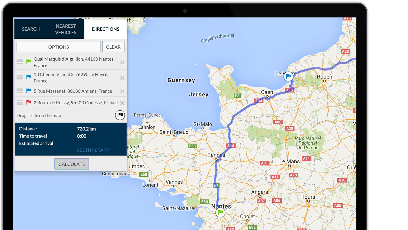 Route planning and monitoring Frotcom software