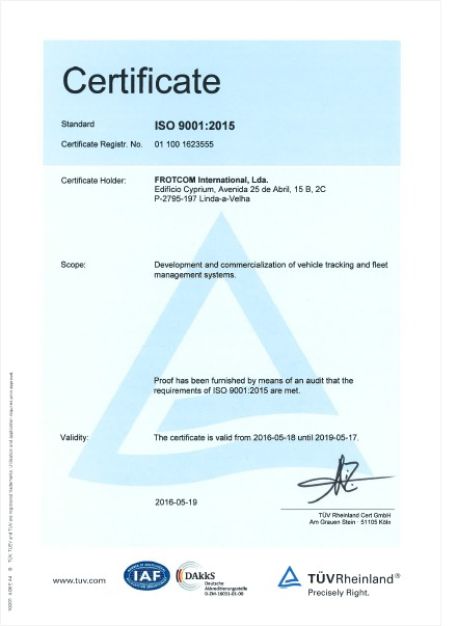 Blog - Frotcom awarded the ISO 90012015 Quality Management System Certificate - certificate Frotcom - ISO 9001:2015 certificate