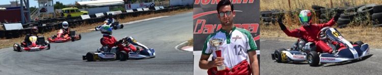 Constantinos driving his brand new kart; in the pole; and after the chequered flag.