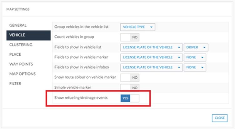 Refueling and drainage icons on the Frotcom map_map settings