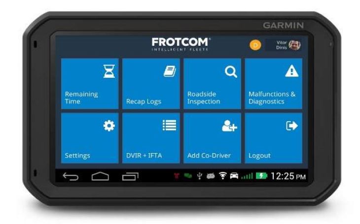 ELD main menu Garmin Fleet Frotcom