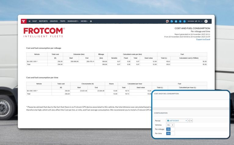 Cost and Fuel Consumption per Distance and Time - Frotcom